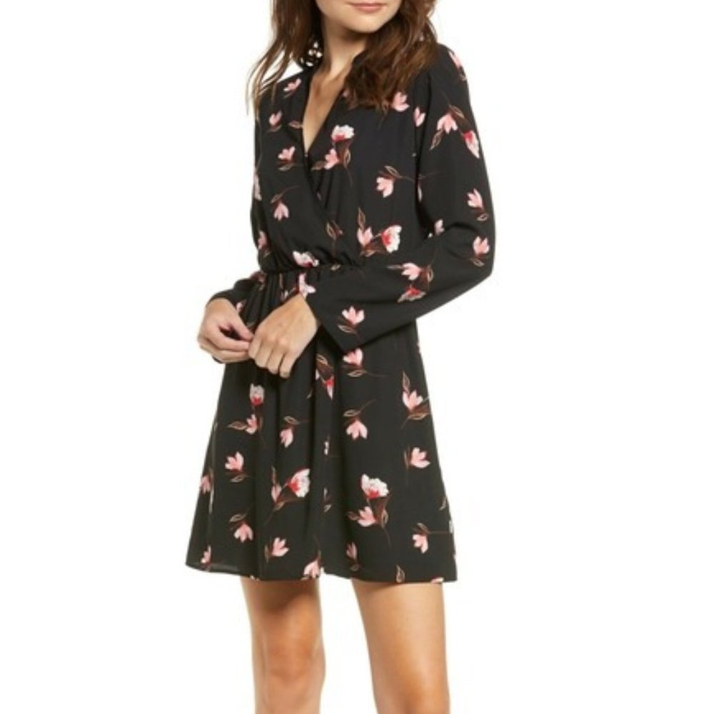 ALL IN FAVOR Lily Surplice Dress Black Pink Floral